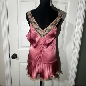 Victorias Secret Womens Y2K Pink Lace Trimmed Satin Babydoll Short Romper Size S
